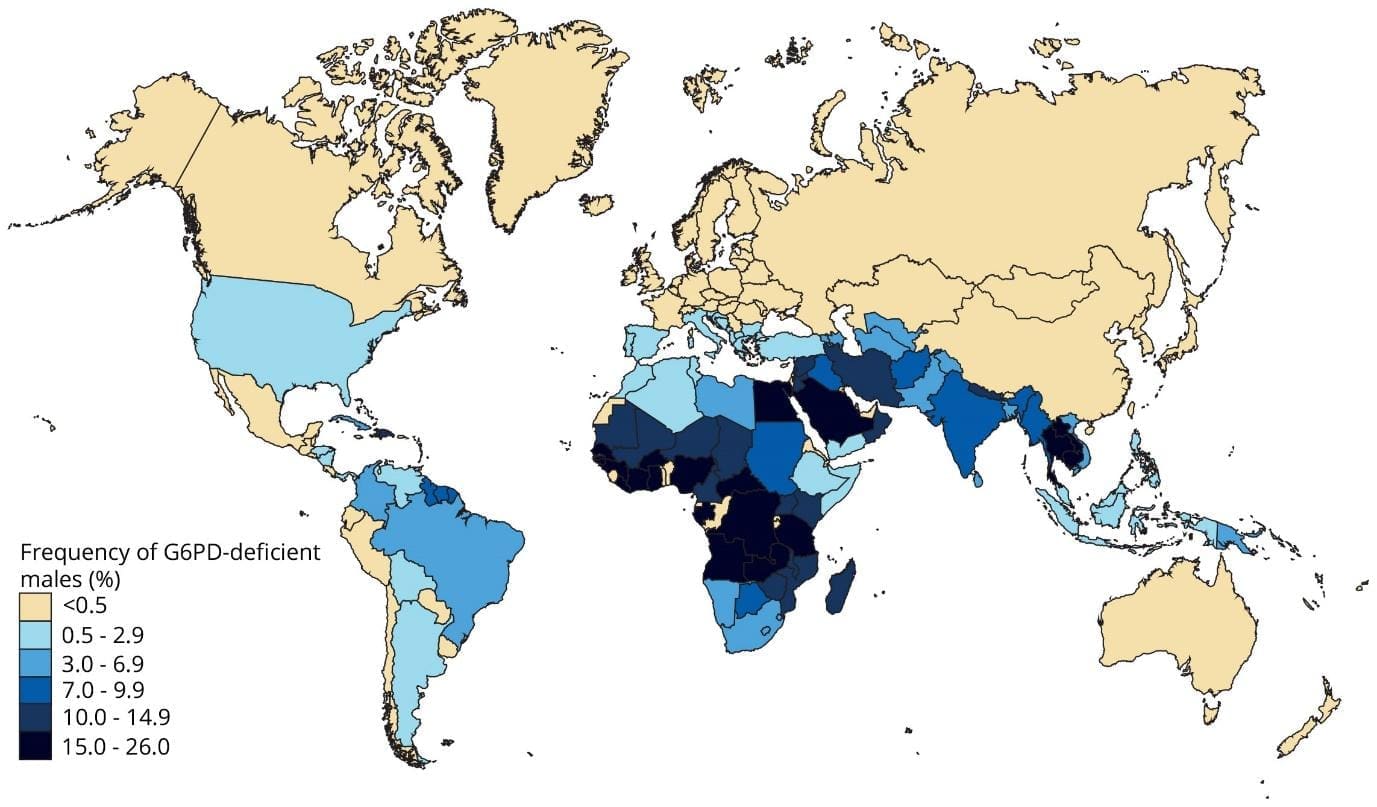 Image depicting a world map highlighting the geographic distribution of G6PD deficiency, with varying shades of color representing different levels of prevalence