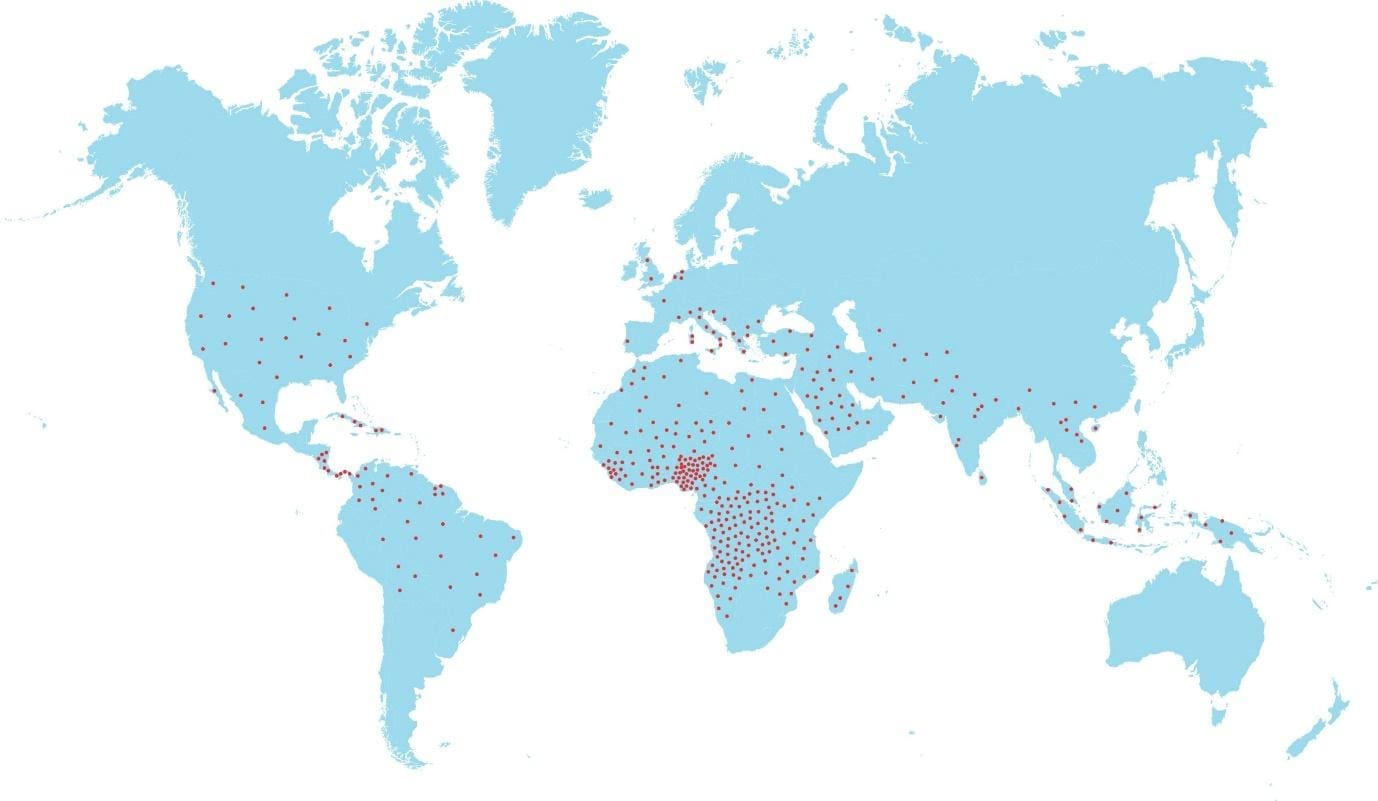 Image depicting a world map with varying shades of color representing the prevalence of sickle cell anemia in different regions