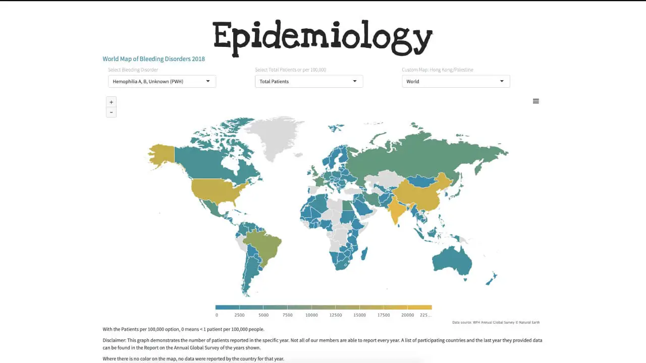 Image depicting a world map with varying shades of color representing the prevalence of hemophilia across different regions