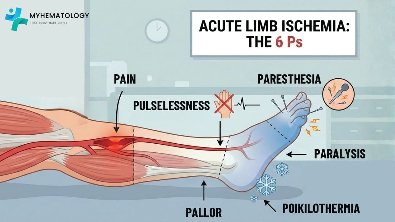 Acute limb ischemia resulting from arterial thrombosis is a surgical emergency characterized by the 6 Ps, a clinical mnemonic used to identify critical loss of regional perfusion.
The sequence typically begins with Pain, which is sudden, severe, and often localized distal to the occlusion, followed by Pallor, where the skin appears waxy or white due to the lack of oxygenated blood.
As the ischemia progresses, the absence of a palpable distal pulse or Pulselessness, confirms the arterial blockage, while Poikilothermia develops as the limb loses its ability to thermoregulate and takes on the ambient temperature.
The final two signs, Paresthesia (tingling or numbness) and Paralysis (loss of motor function), are particularly ominous, as they signify advanced nerve and muscle ischemia that may soon become irreversible without immediate surgical or pharmacological intervention to restore blood flow.