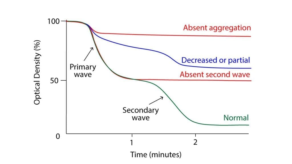 Platelet function test using platelet aggregation curve showing two distinct phases: initial wave due to direct agonist stimulation, followed by larger wave driven by released nucleotides.