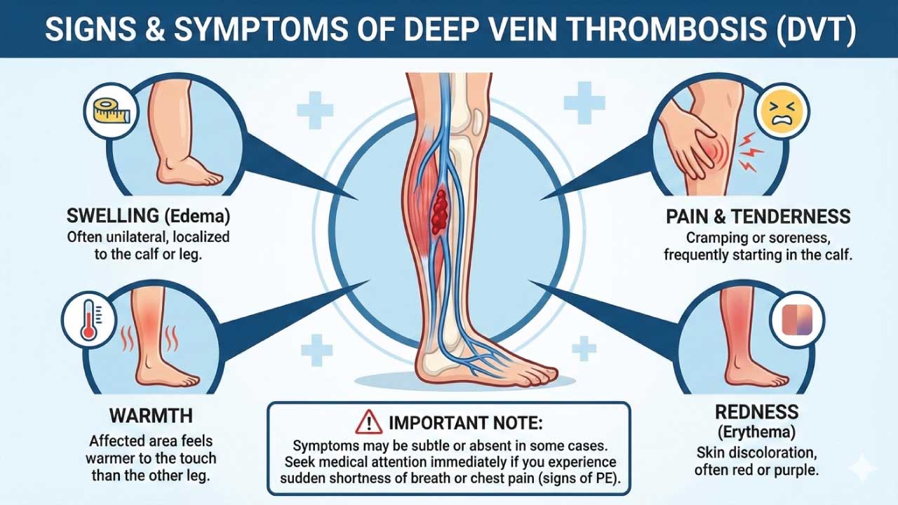 Signs and Symptoms of DVT include leg pain, swelling, warmth and redness.