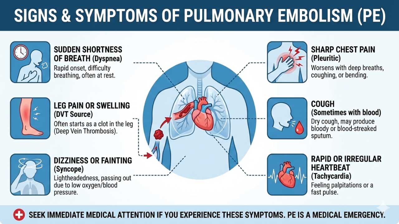 Symptoms of pulmonary embolism include shortness of breath, chest pain, coughing up blood, syncope and rapid heart rate.