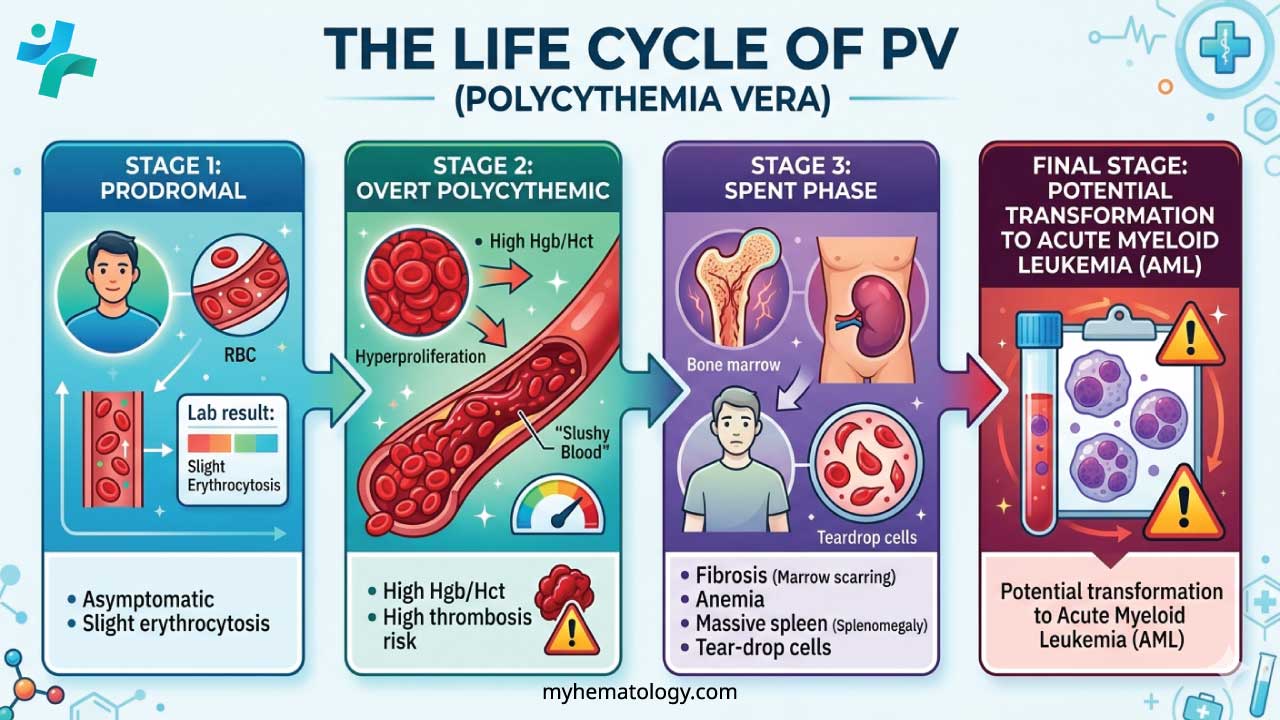 The life cycle of Polycythemia Vera (PV) typically follows a progressive clinical arc, beginning with an often asymptomatic prodromal phase characterized by borderline erythrocytosis. This evolves into the overt polycythemic phase, where the JAK2-driven "slushy blood" leads to a high red cell mass, hyperviscosity, and a significant risk of thromboembolic events. Over a period of 10 to 20 years, approximately 10–15% of patients transition into the "spent phase" (Post-PV Myelofibrosis), where the hyperactive marrow becomes "burnt out" and replaced by dense collagen fibrosis, resulting in paradoxical anemia and massive extramedullary hematopoiesis in the spleen. The final, most aggressive stage of this hematologic journey is the potential transformation into Acute Myeloid Leukemia (AML), a terminal event seen in a small subset of patients that highlights the true neoplastic nature of the disorder.